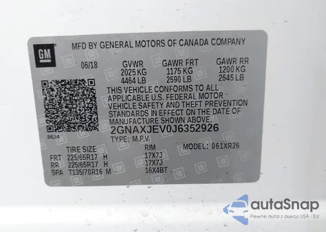 2018 Chevrolet Equinox Lt from USA, damaged, VIN 2GNAXJEV0J6352926